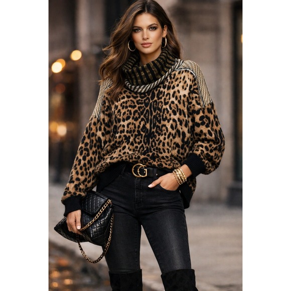 Gimmicks Sweaters - Gimmicks Sweater Womens L Brown Leopard Print Mixed Media Boho Indie Mob Wife